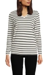 Lands' End Relaxed Supima Cotton Long Sleeve V-neck T-shirt In Ivory/black Breton Stripe
