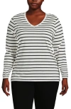 Lands' End Relaxed Supima Cotton Long Sleeve V-neck T-shirt In Ivory/black Breton Stripe