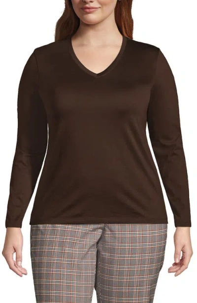 Lands' End Plus Size Relaxed Supima Cotton Long Sleeve V-neck T-shirt In Rich Coffee