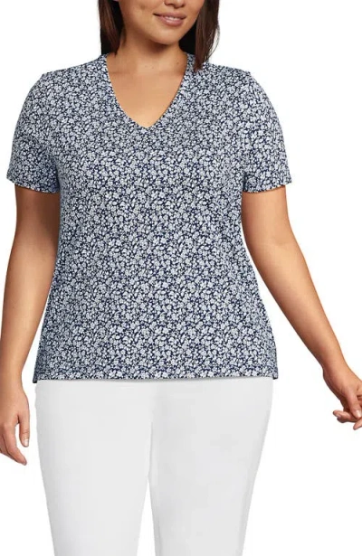 Lands' End Plus Size Relaxed Supima Cotton V-neck T-shirt In Deep Sea Navy Blossoms