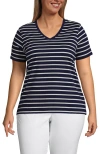 Lands' End Plus Size Relaxed Supima Cotton V-neck T-shirt In Deep Sea Navy Breton Stripe