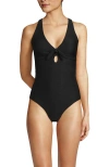 Lands' End Ribbed Knot Front One Piece Swimsuit In Black Ottoman