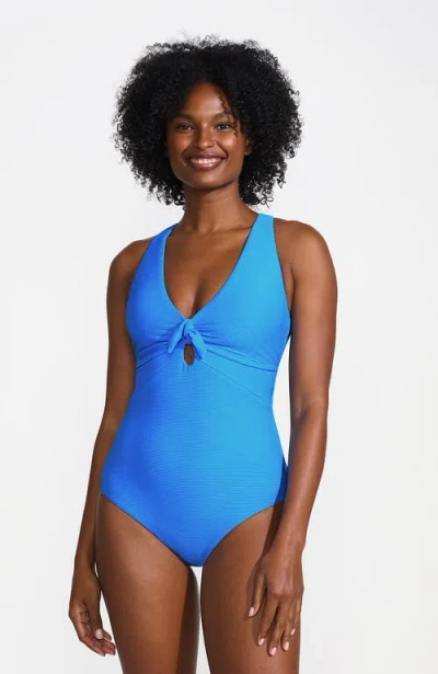 Lands' End Ribbed Knot Front One Piece Swimsuit In Freshwater Blue Ottoman