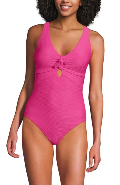 Lands' End Ribbed Knot Front One Piece Swimsuit In Pink