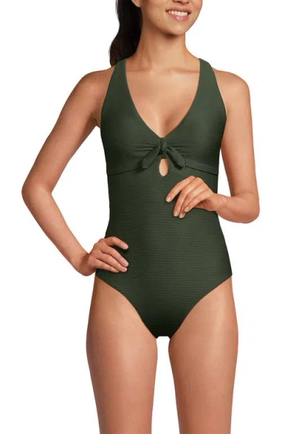 Lands' End Ribbed Knot Front One Piece Swimsuit In Rich Olive Green Ottoman