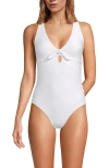 Lands' End Ribbed Knot Front One Piece Swimsuit In White Ottoman
