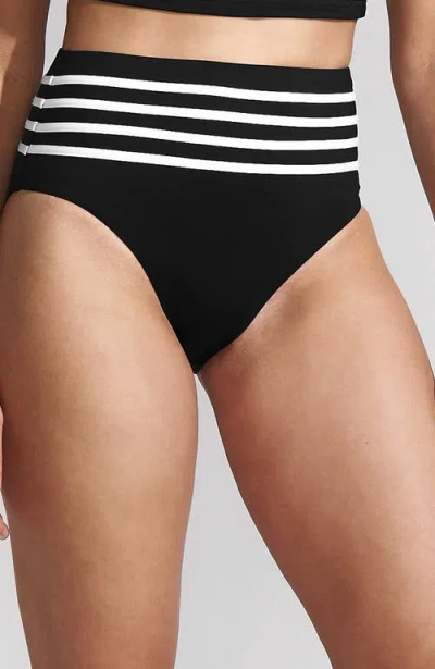 Lands' End Ribbed Smoothing High Waisted Bikini Bottoms In Black/white