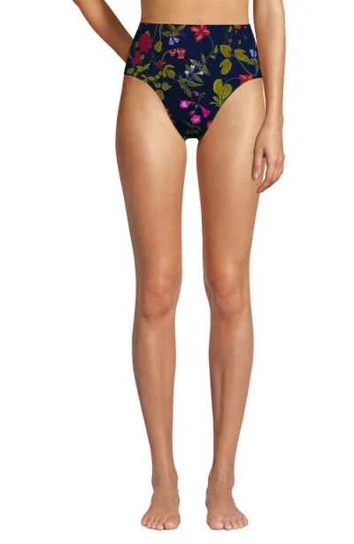 Lands' End Ribbed Smoothing High Waisted Bikini Bottoms In Deep Sea Multi Garden Floral