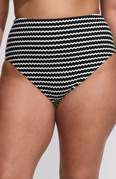 Lands' End Ribbed Smoothing High Waisted Bikini Bottoms In Striped Black/white