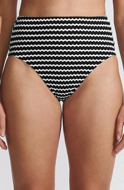 Lands' End Ribbed Smoothing High Waisted Bikini Bottoms In Striped Black/white