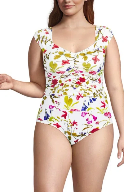 Lands' End Ruched Cap Sleeve Tankini Top In Multi