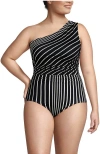 Lands' End Ruched One Shoulder Midkini Swimsuit Top In Black/egret Variegated Stripe