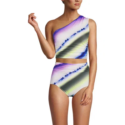Lands' End Ruched One Shoulder Midkini Swimsuit Top In Egret White Ombre Stripes