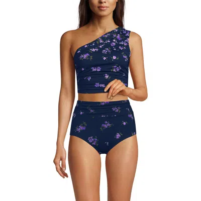 Lands' End Ruched One Shoulder Midkini Swimsuit Top In Navy Bouquet Cascade Floral