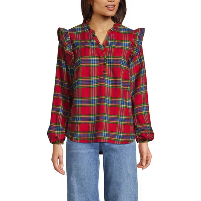 Lands' End Ruffle Front Flannel Popover Blouse In Red
