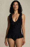 Lands' End Ruffle Plunge Skirted High Leg One Piece In Black