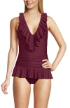 Lands' End Ruffle Plunge Skirted High Leg One Piece In Burgundy
