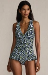 Lands' End Ruffle Plunge Skirted High Leg One Piece In Multi