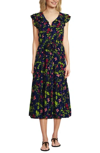 Lands' End Ruffle Sleeve Chiffon Tiered Midi Dress In Deep Sea Multi Garden Floral
