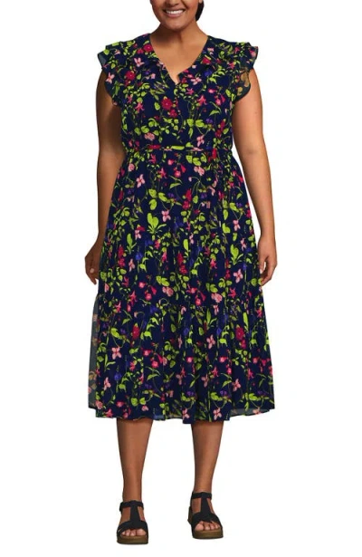 Lands' End Ruffle Sleeve Chiffon Tiered Midi Dress In Blue