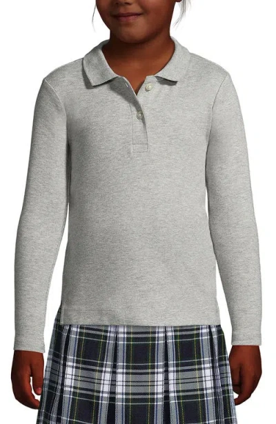 Lands' End Kids'  School Uniform Girls Long Sleeve Feminine Fit Interlock Polo Shirt In Gray Heather
