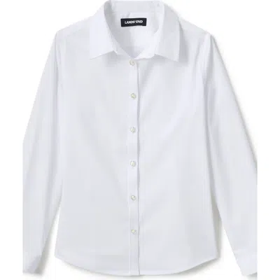 Lands' End Kids'  School Uniform Girls No Gape Long Sleeve Stretch Shirt In Pearl White