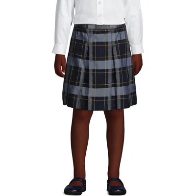 Lands' End Kids'  School Uniform Girls Plaid Box Pleat Skirt Top Of The Knee In Classic Navy Plaid