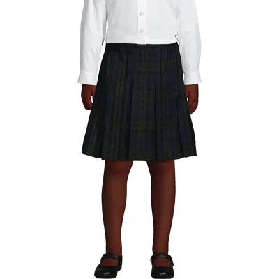 Lands' End Kids'  School Uniform Girls Plaid Box Pleat Skirt Top Of The Knee In Classic Navy/evergreen Plaid