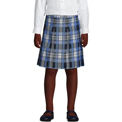 Lands' End Kids'  School Uniform Girls Plaid Box Pleat Skirt Top Of The Knee In Clear Blue Plaid