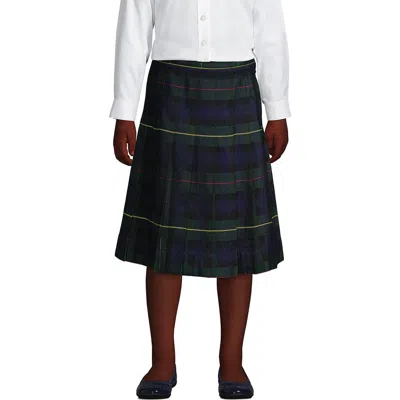 Lands' End Kids'  School Uniform Girls Plaid Pleated Skirt Below The Knee In Hunter/classic Navy Plaid