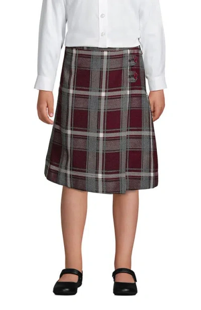 Lands' End Kids'  School Uniform Girls Slim Plaid A-line Skirt Below The Knee In Burgundy/gray Plaid