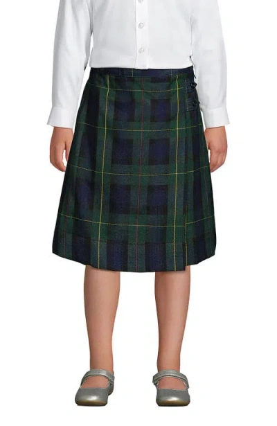 Lands' End Kids'  School Uniform Girls Slim Plaid A-line Skirt Below The Knee In Hunter/classic Navy Plaid