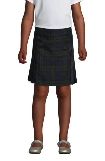 Lands' End Kids'  School Uniform Girls Slim Side Pleat Plaid Skort Above Knee In Classic Navy/evergreen Plaid