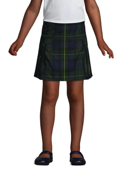 Lands' End Kids'  School Uniform Girls Slim Side Pleat Plaid Skort Above Knee In Hunter/classic Navy Plaid