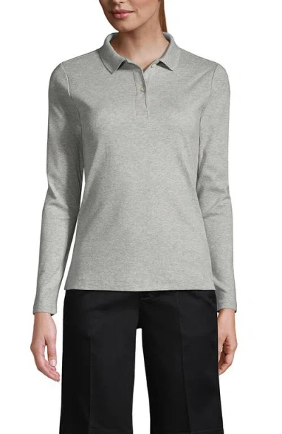 Lands' End School Uniform  Long Sleeve Feminine Fit Interlock Polo Shirt In Gray Heather