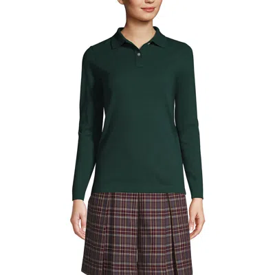 Lands' End School Uniform  Long Sleeve Feminine Fit Mesh Polo Shirt In Evergreen