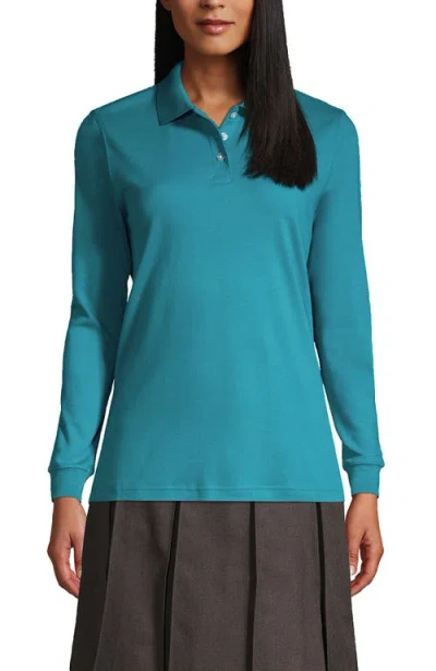 Lands' End School Uniform  Long Sleeve Interlock Polo Shirt In Teal Breeze