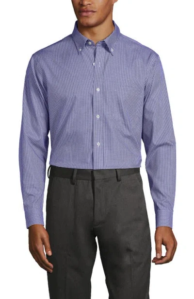 Lands' End School Uniform  Tailored Fit No Iron Solid Supima Cotton Pinpoint Buttondown Collar Dress In Rich Sapphire Check