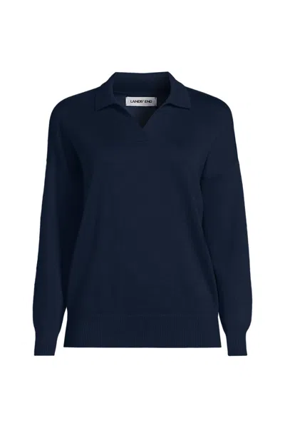 Lands' End School Uniform Women's Cotton Modal Long Sleeve Polo Collar Sweater In Blue