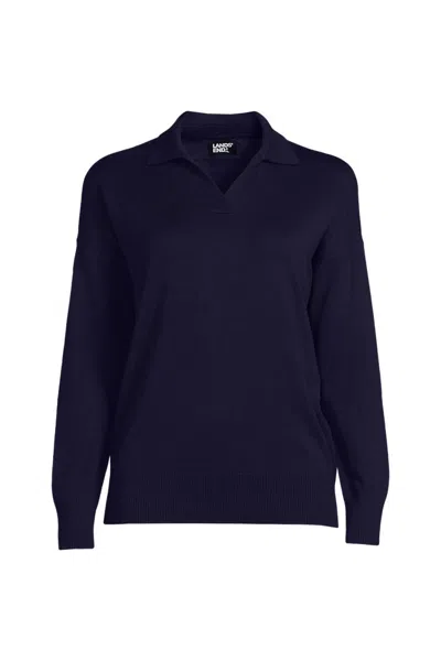 Lands' End School Uniform Women's Cotton Modal Long Sleeve Polo Collar Sweater In Blue