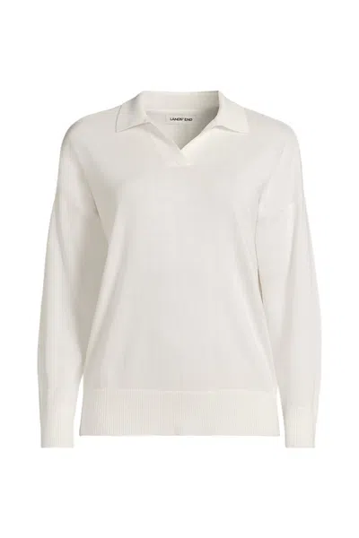 Lands' End School Uniform Women's Cotton Modal Long Sleeve Polo Collar Sweater In White
