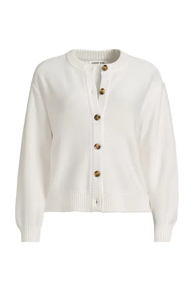 Lands' End School Uniform Women's Cotton Modal Mid Gauge Button Front Crew Neck Cardigan Sweater In White
