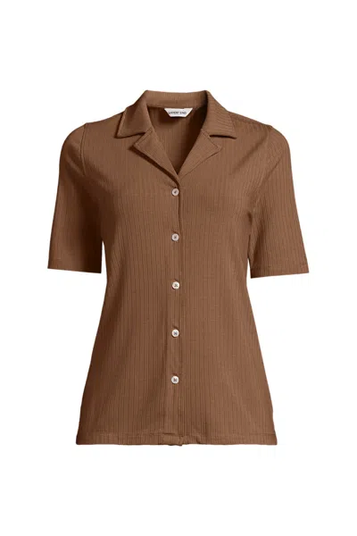Lands' End School Uniform Women's Drop Needle Rib Half Sleeve Button Front Top In Brown