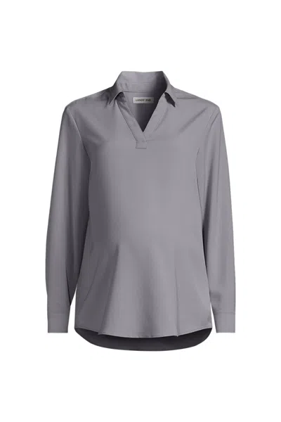 Lands' End School Uniform Women's Maternity Long Sleeve Polo Collar Popover Crepe Blouse In Multi