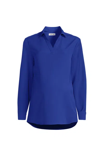 Lands' End School Uniform Women's Maternity Long Sleeve Polo Collar Popover Crepe Blouse In Multi