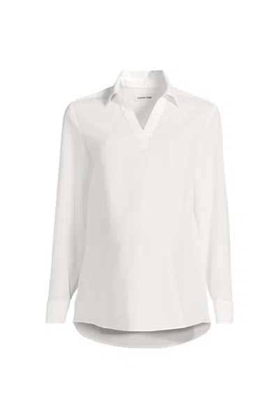 Lands' End School Uniform Women's Maternity Long Sleeve Polo Collar Popover Crepe Blouse In White