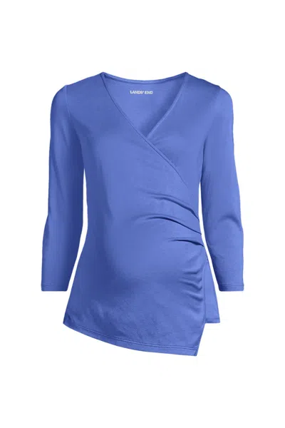 Lands' End School Uniform Women's Maternity Supima Micro Modal Three Quarter Vneck Surplice Tunic Top In Blue