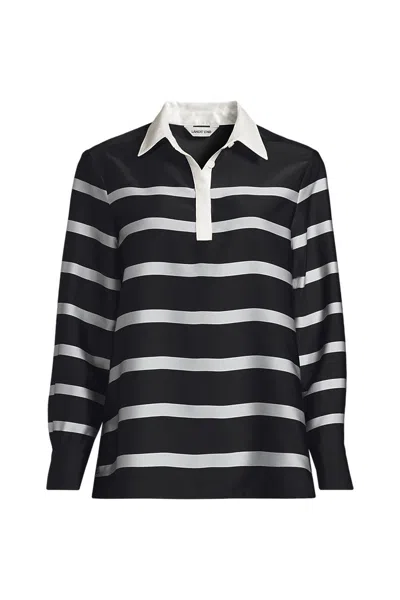Lands' End School Uniform Women's Petite Charmeuse Long Sleeve Contrast Collar Blouse In Black