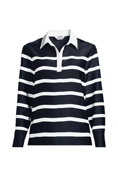 Lands' End School Uniform Women's Petite Charmeuse Long Sleeve Contrast Collar Blouse In Black