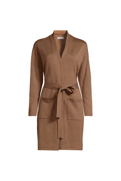 Lands' End School Uniform Women's Petite Cotton Modal Tie Waist Long Cardigan Sweater In Brown